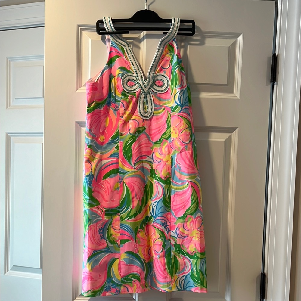Vibrant Pink and Green Sleeveless Dress